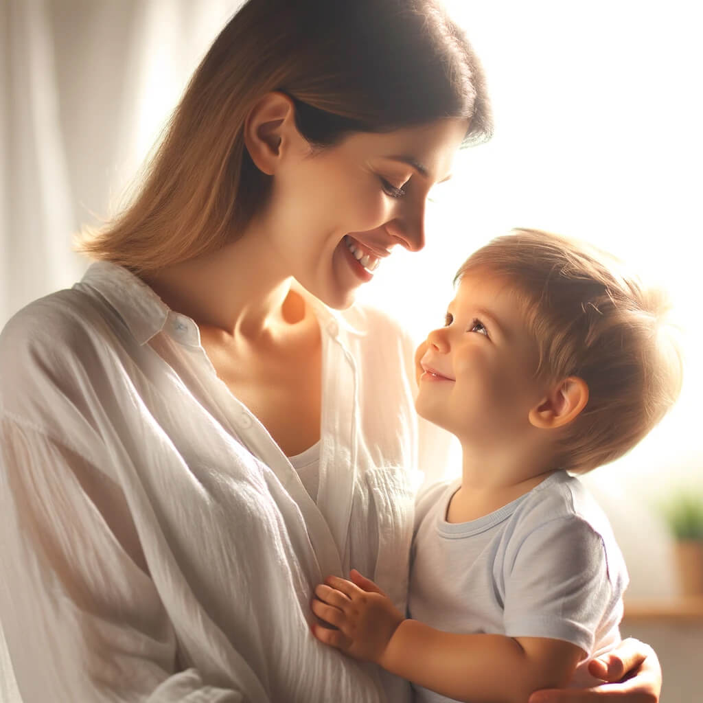 heartwarming scene of a mother and child sharing a close moment. The mother is in a casual white shirt, smiling down lovingly at her child, who look