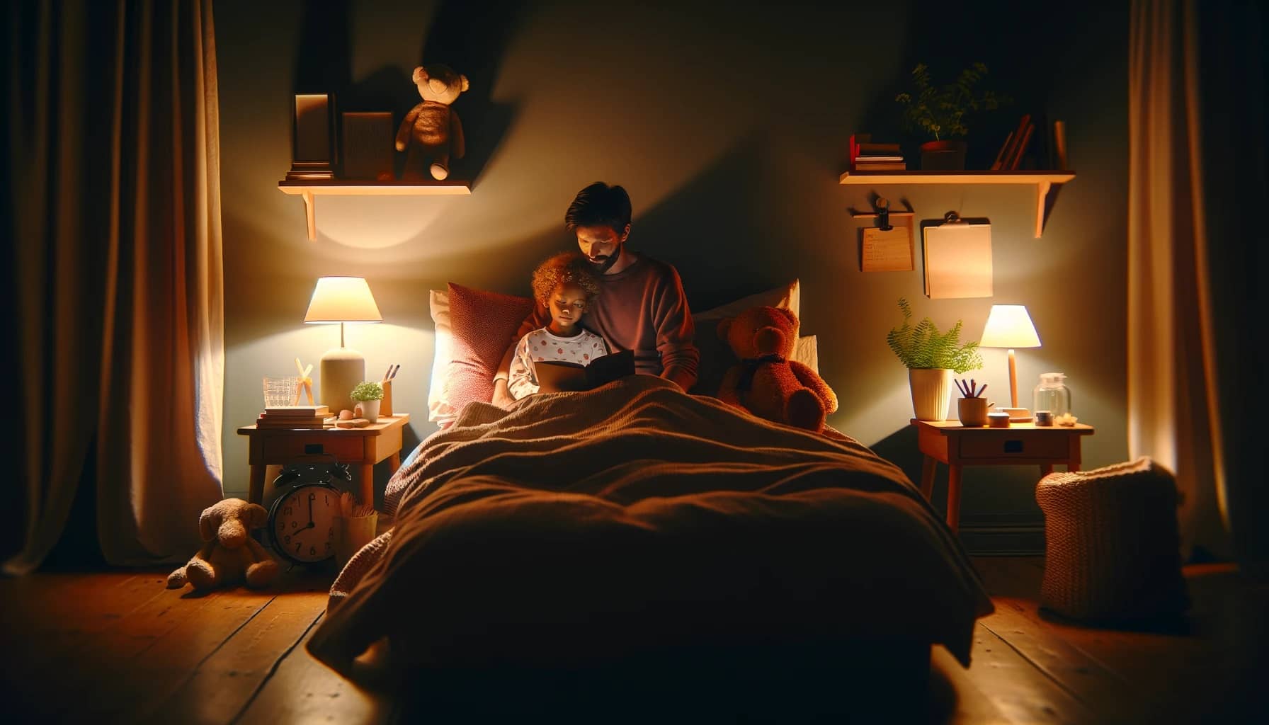 calming bedtime routine between a parent and child in a dimly lit bedroom